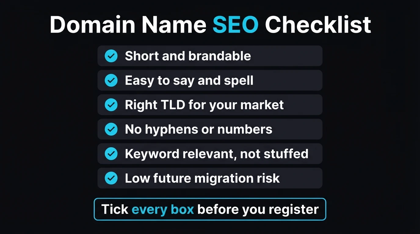 Domain name SEO checklist — short and brandable, easy to say and spell, right TLD, no hyphens or numbers, keyword relevant not stuffed, low migration risk
